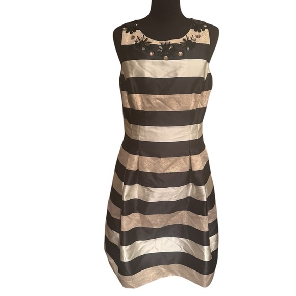 ELIZA J Black White Gold Striped A-Line Dress Sz 8P Medium Bloomingdales Jewels - Picture 6 of 13